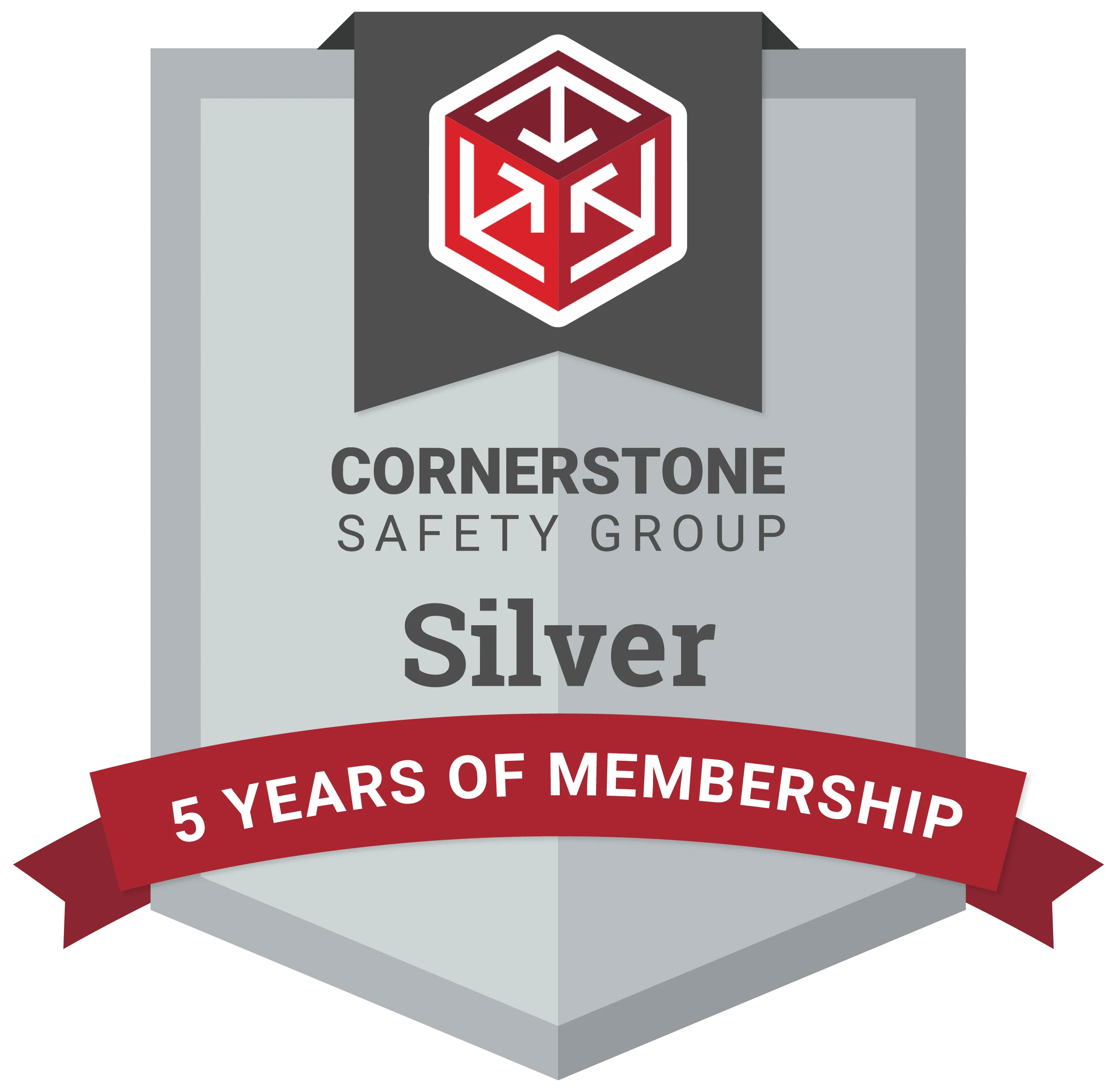 Shield-shaped badge with the Cornerstone Safety Group logo, text “Silver,” and a red banner stating “5 years of membership.”.