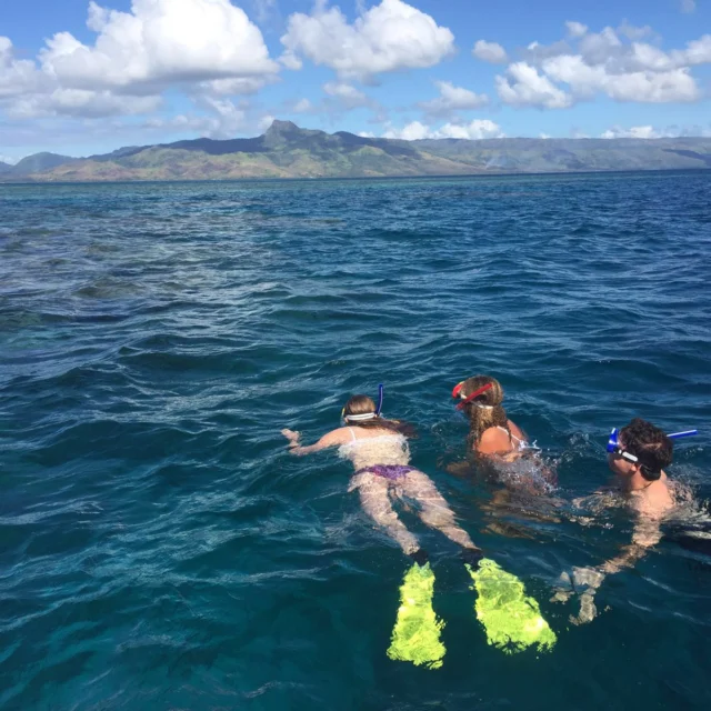 Three people snorkeling in clear blue water with a mountainous island landscape in the background.