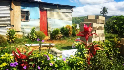 Corrugated metal shack with a red door, surrounded by lush tropical plants and flowers. Stacked bricks are in the foreground under a partly cloudy sky.
