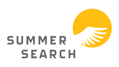 Logo featuring a yellow circle with a stylized black wing on the right. The text "Summer Search" is written in gray next to the circle.