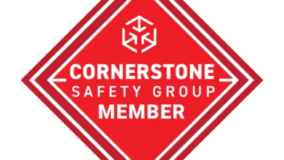 Red diamond-shaped emblem with white text: "Cornerstone Safety Group Member." Central geometric logo above the text.