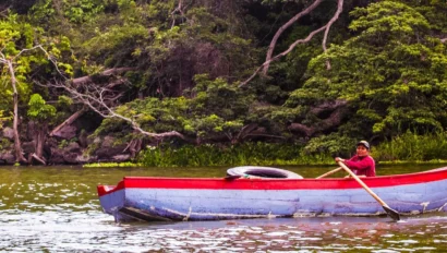 A person in a red shirt rows a small blue and red wooden boat on a river, with dense green trees in the background, capturing the spirit of adventure found in any great travel writing program.