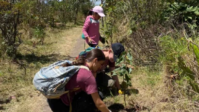 Three people, including a child, plant a small tree beside a dirt path surrounded by bushes and trees on a sunny summer travel day.