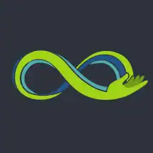 A green hand forms part of a stylized infinity symbol with blue accents on a dark background.
