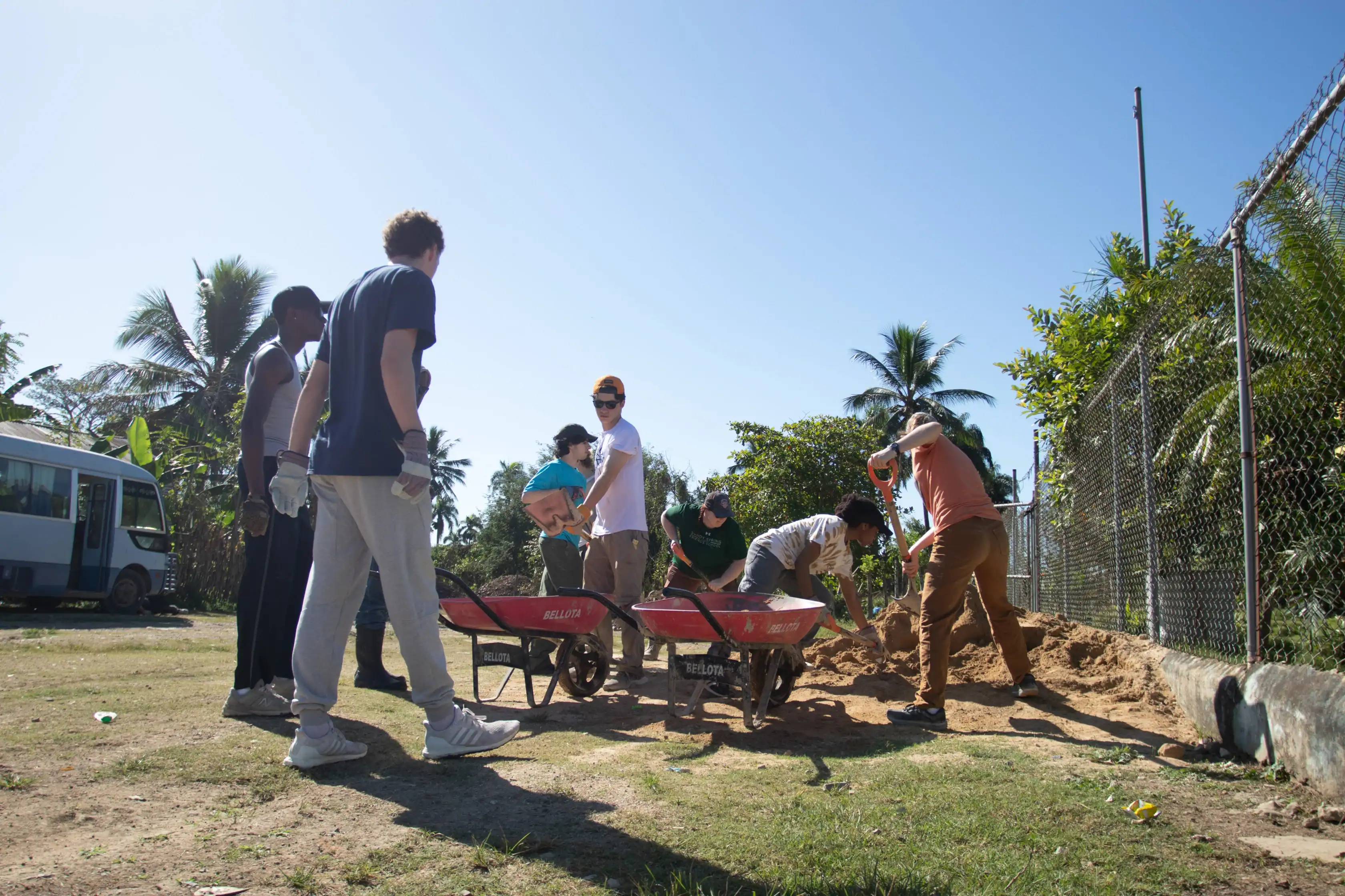 A group of people are shoveling sand into wheelbarrows outdoors on a sunny day, near a fence and some trees.