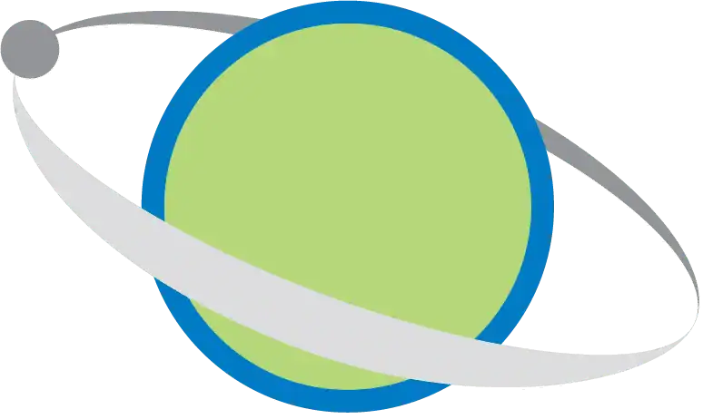 A green circle with a blue outline is encircled by a gray ring with a smaller gray dot attached, resembling a stylized planet with a ring and a moon.